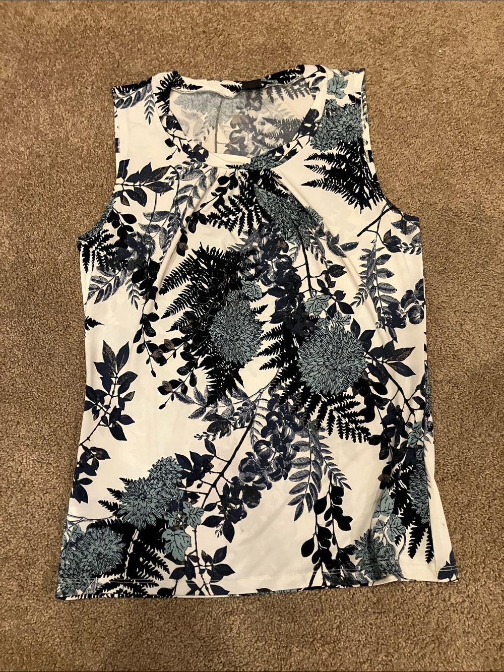 Ann Taylor White Sleeveless Tank with Navy & Teal Floral Print